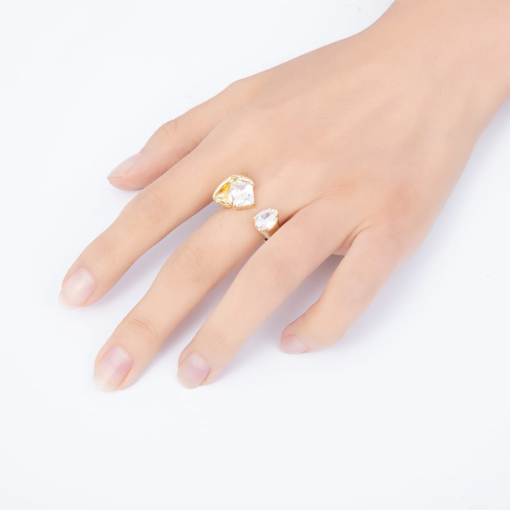 16K Gold Filled Dual Stone CZ Organic Molten Statement Adjustable Ring | Rings-00411