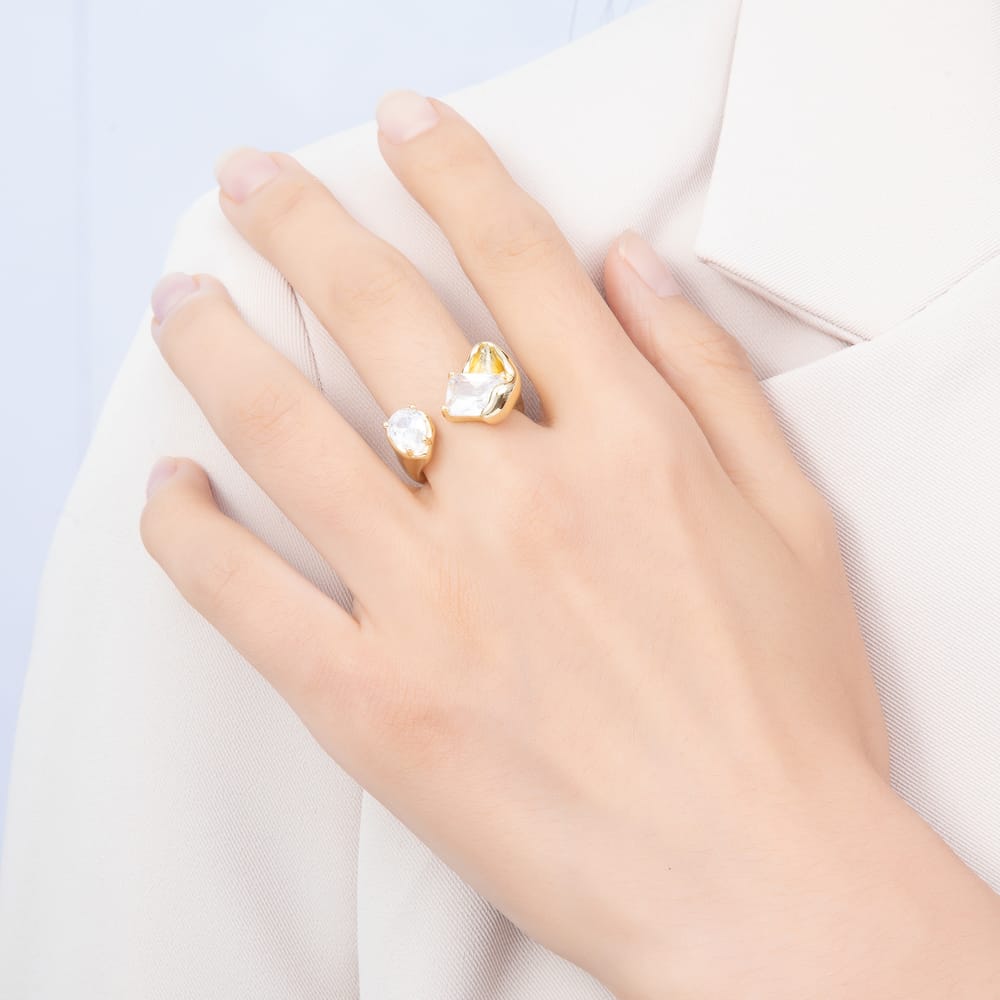 16K Gold Filled Dual Stone CZ Organic Molten Statement Adjustable Ring | Rings-00411