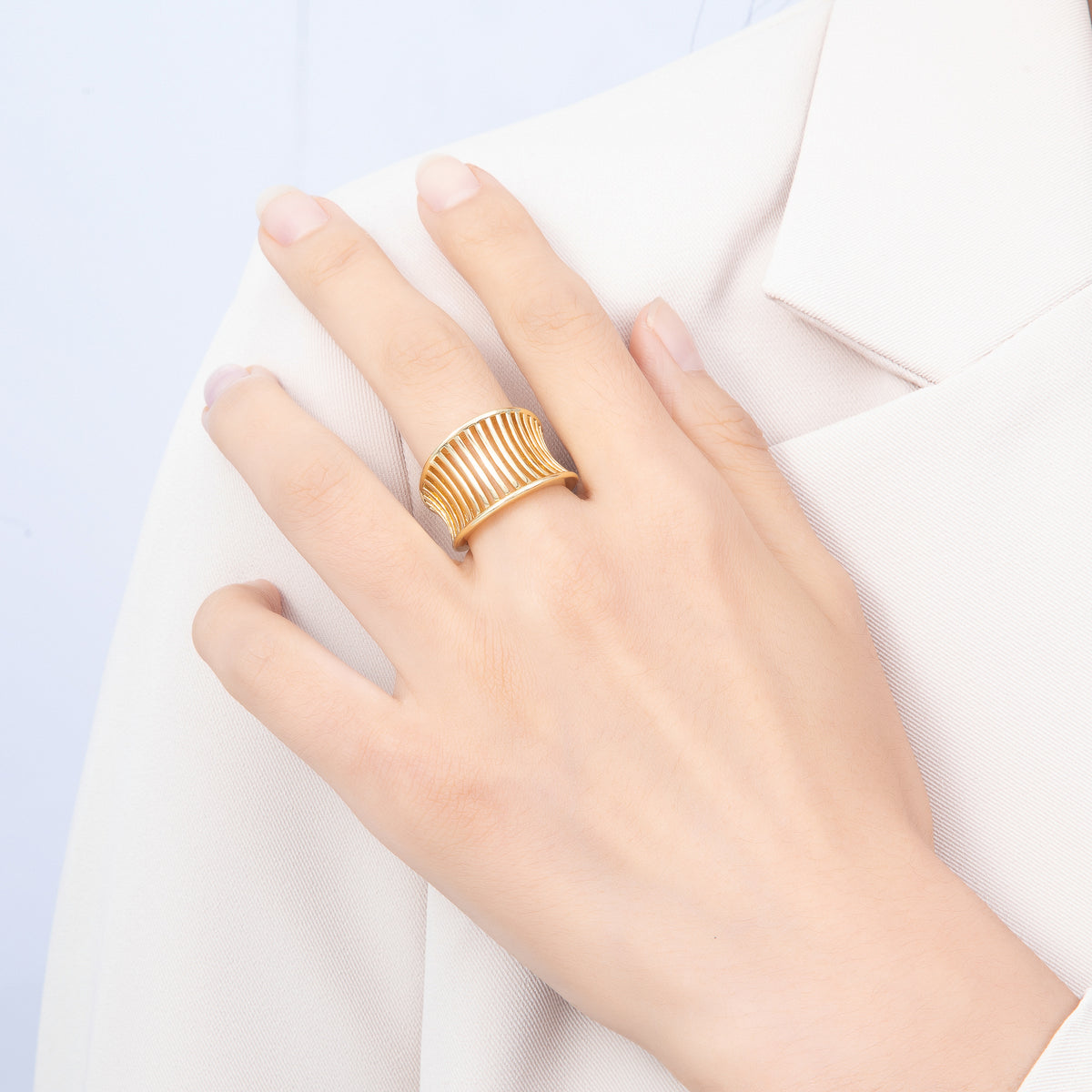16K Gold Filled Wide Concave Cutout Open Adjustable Ring | Rings-00403