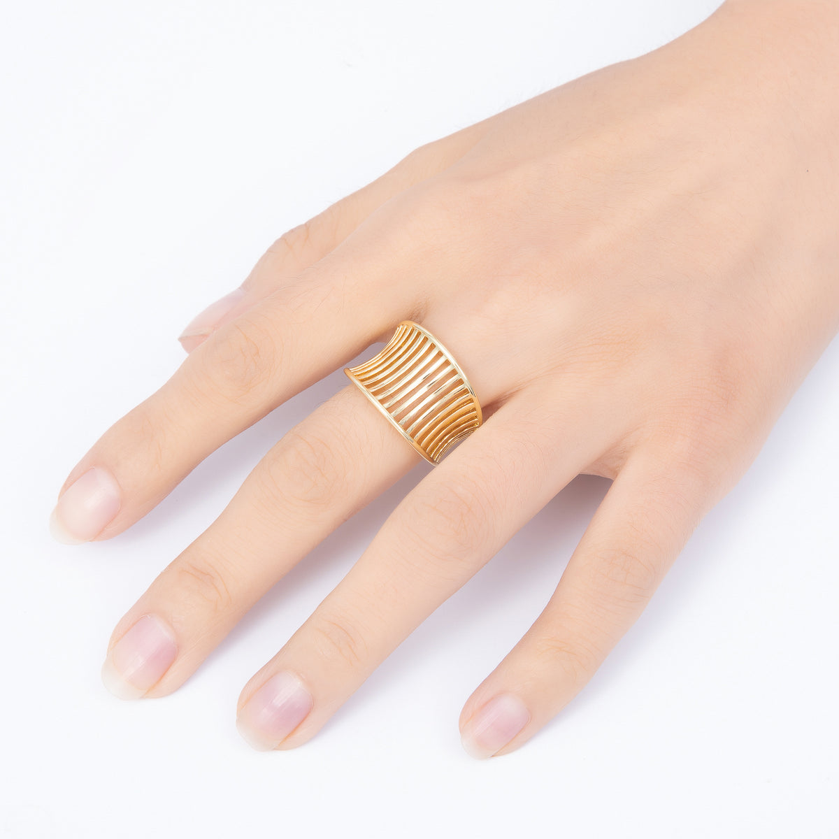 16K Gold Filled Wide Concave Cutout Open Adjustable Ring | Rings-00403