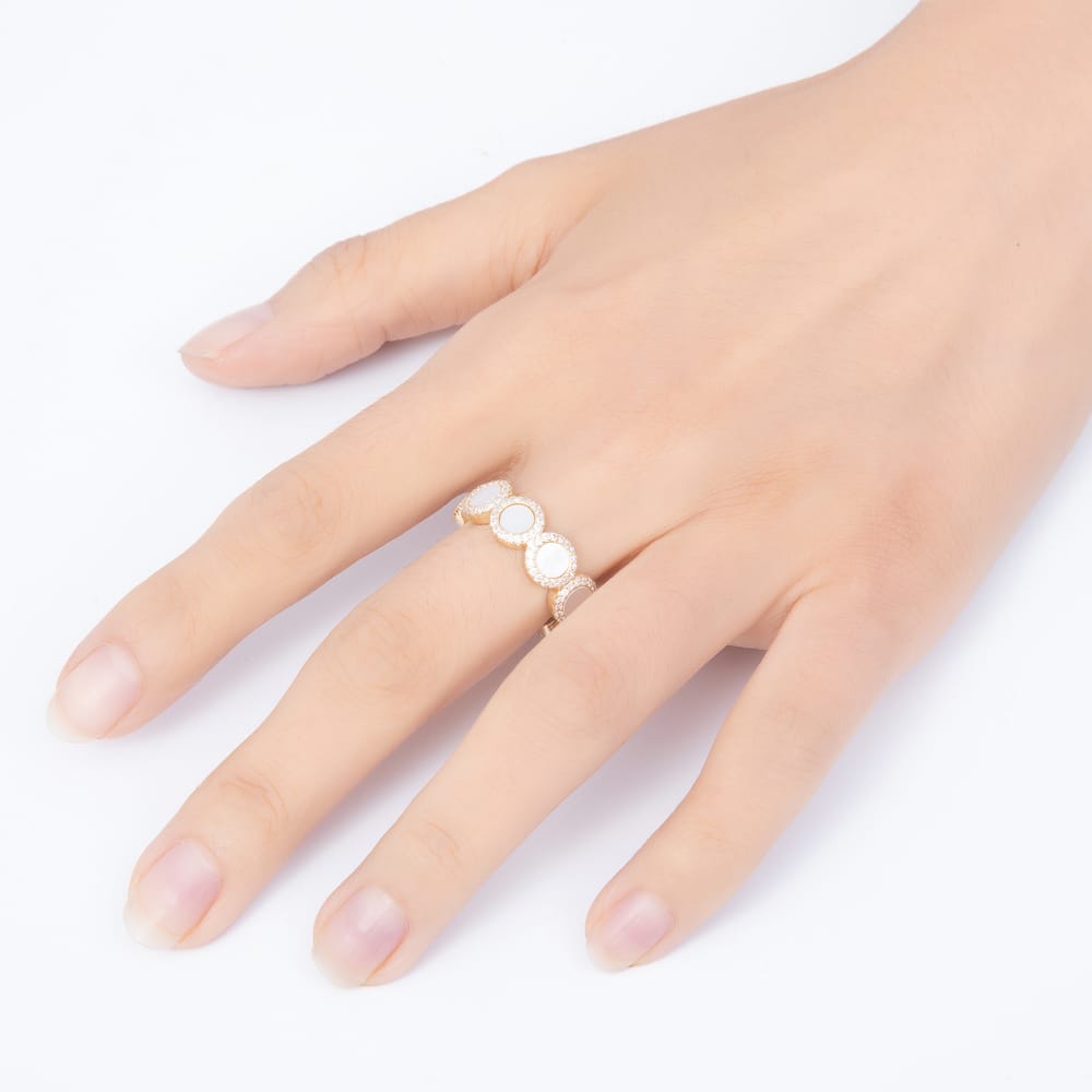 16K Gold Filled White Mother of Pearl Micro Paved CZ Open Band Adjustable Ring | Rings-00399 - Rings-00400