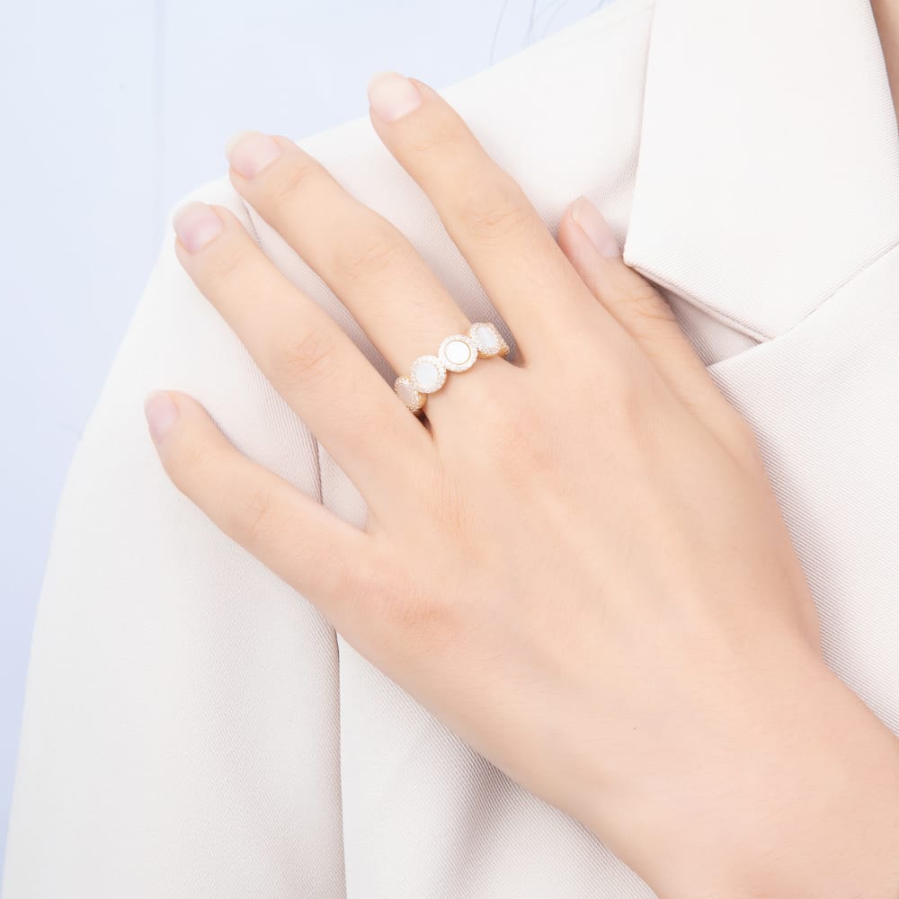 16K Gold Filled White Mother of Pearl Micro Paved CZ Open Band Adjustable Ring | Rings-00399 - Rings-00400