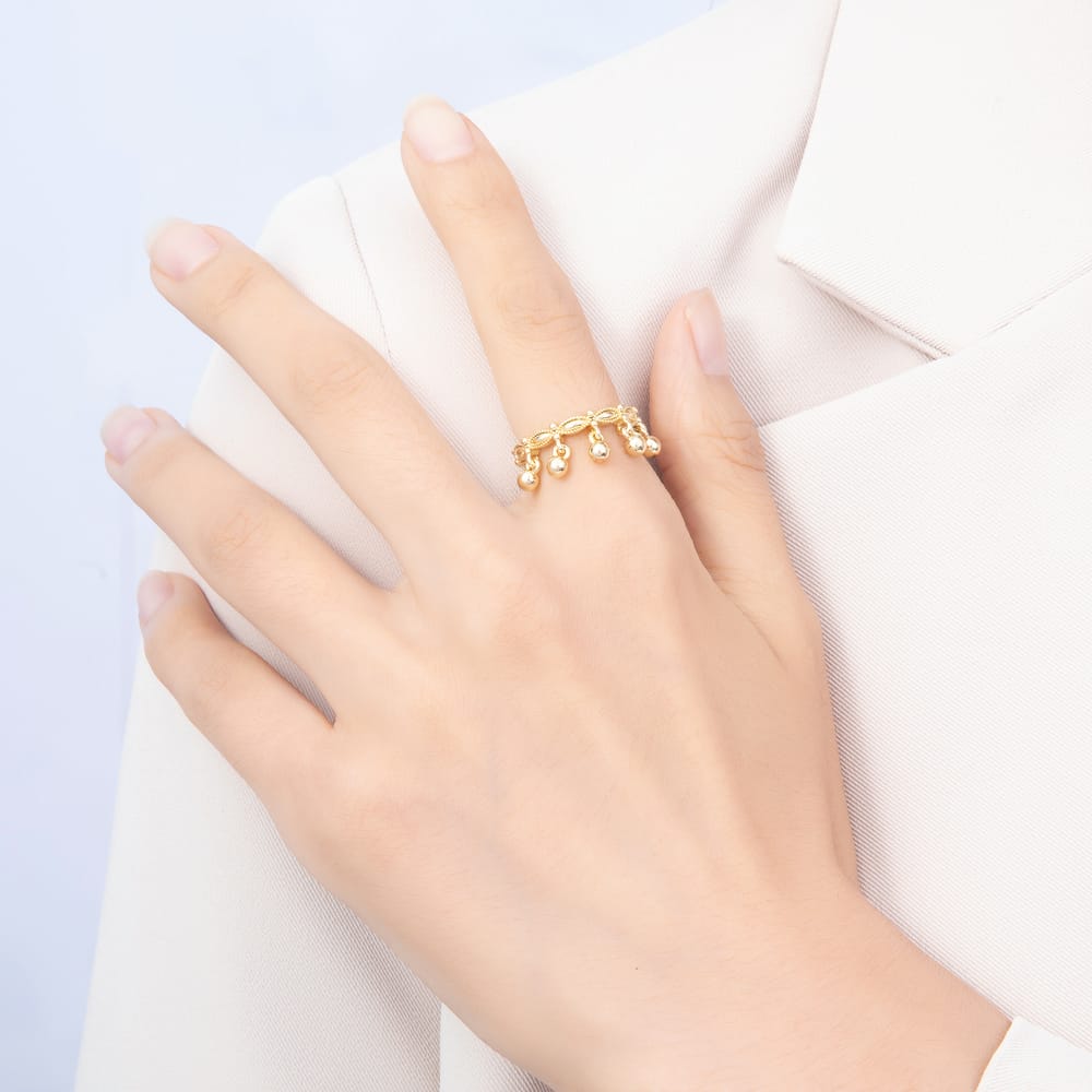 16K Gold Filled Beaded Edge Open Ring Hanging Ball Adjustable Ring | Rings-00410