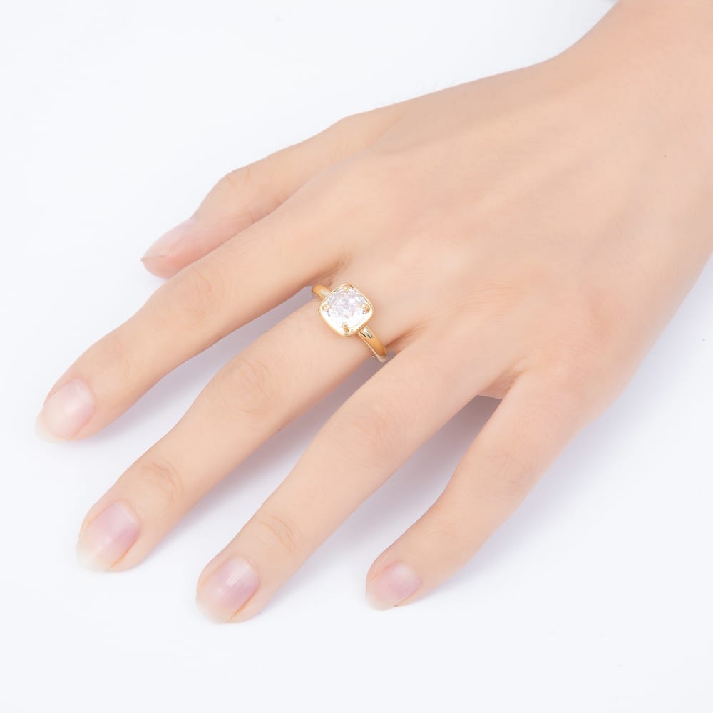 16K Gold Filled Round Solitaire CZ Square Bezel Adjustable Ring | Rings-00418