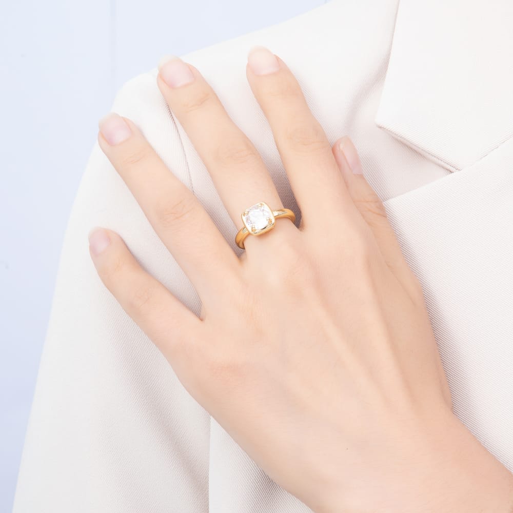 16K Gold Filled Round Solitaire CZ Square Bezel Adjustable Ring | Rings-00418