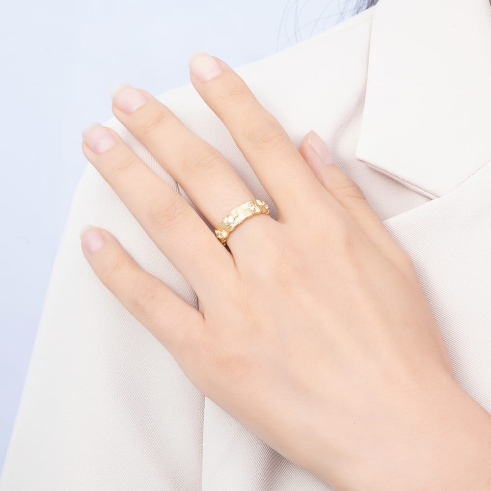 16K Gold Filled Clear Beaded CZ Brushed Woven Lattice Adjustable Ring | Rings-00408
