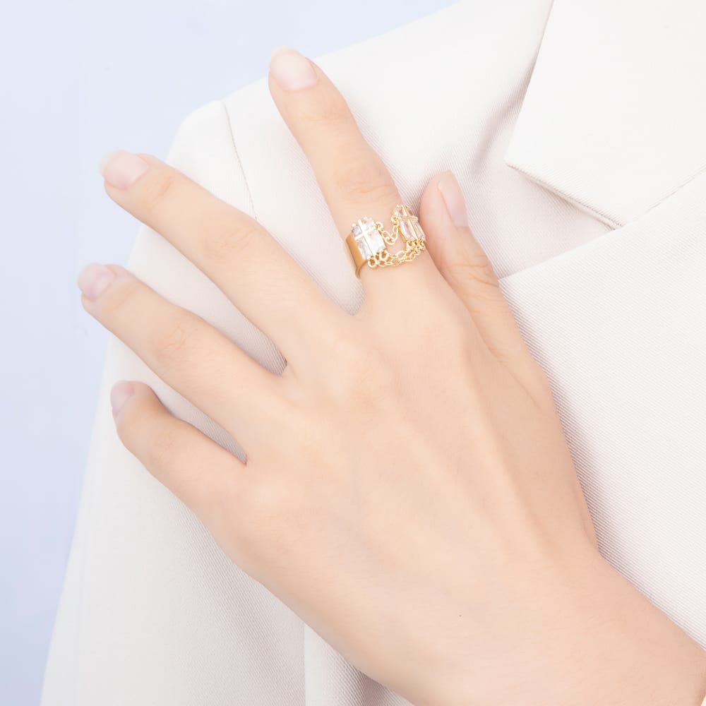 16K Gold Filled Clear Baguette CZ Open Front Double Cross Ring | Rings-00406