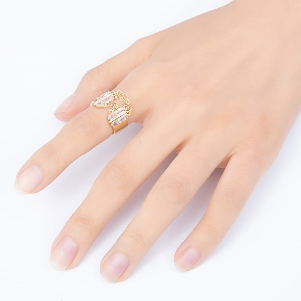 16K Gold Filled Clear Baguette CZ Open Front Double Cross Ring | Rings-00406