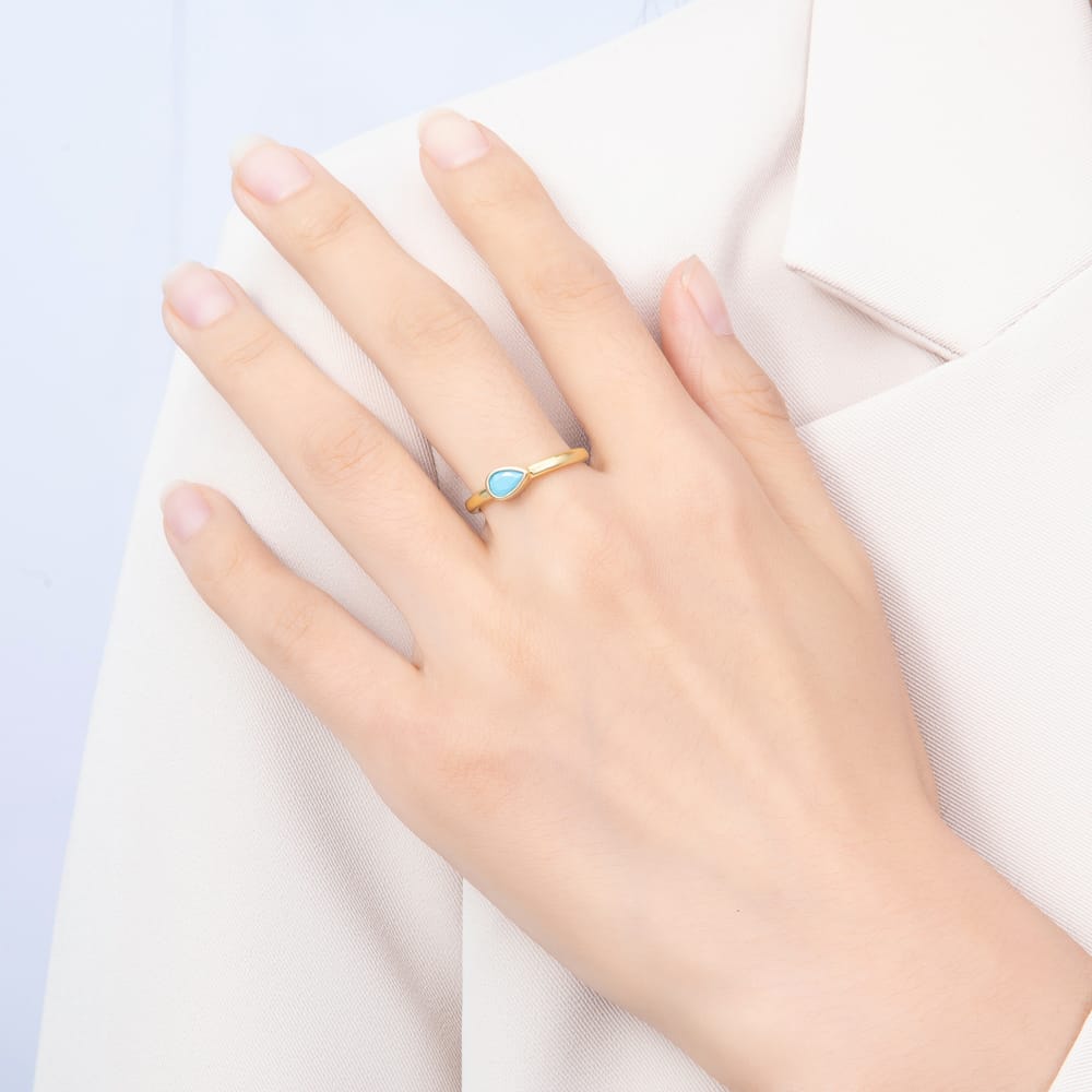 16K Gold Filled Turquoise CZ Teardrop Bezel Open Adjustable Ring | Rings-00393 - Rings-00394