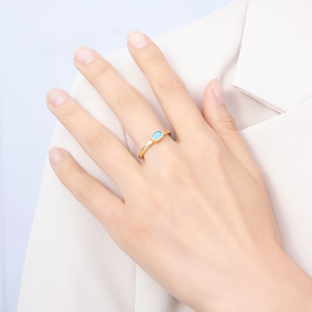 16K Gold Filled Turquoise Oval CZ Solitaire Open Adjustable Ring | Rings-00397 - Rings-00398