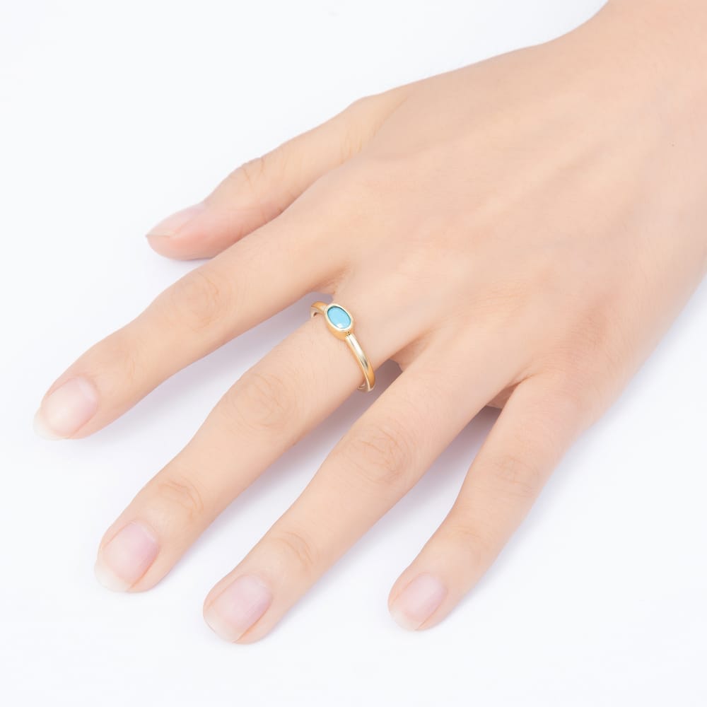 16K Gold Filled Turquoise Oval CZ Solitaire Open Adjustable Ring | Rings-00397 - Rings-00398