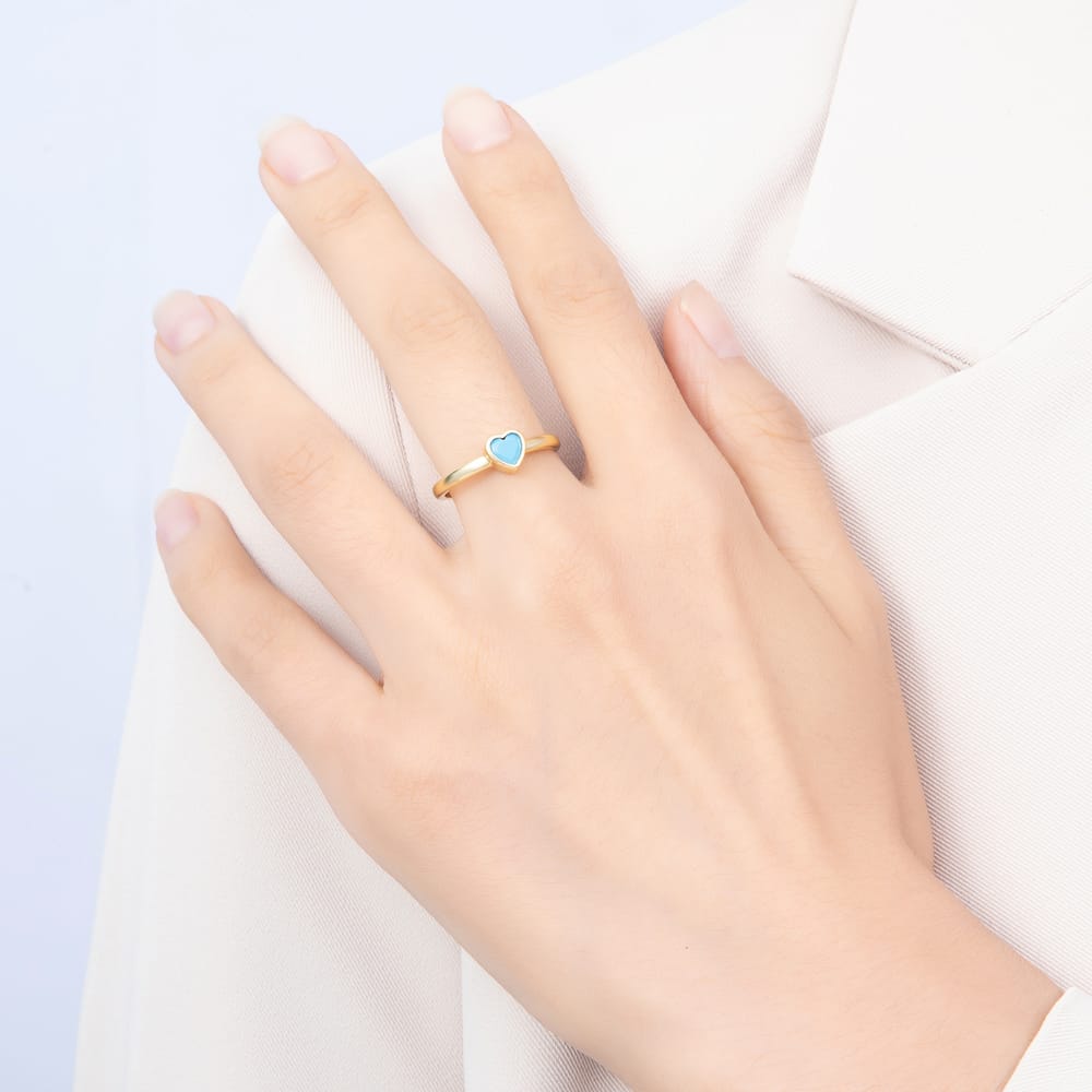 16K Gold Filled Turquoise CZ Heart Solitaire Adjustable Ring | Rings-00390
