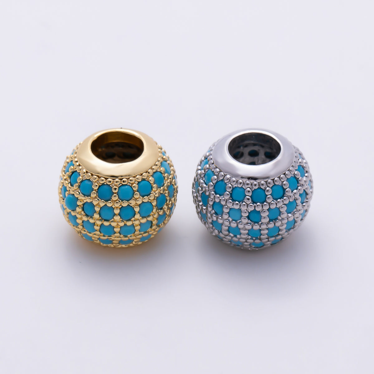 16K Gold Filled 11mm Turquoise Micro Paved CZ Grid Rondelle European Spacer Bead in Gold & Silver | Beads-00560 Beads-00561