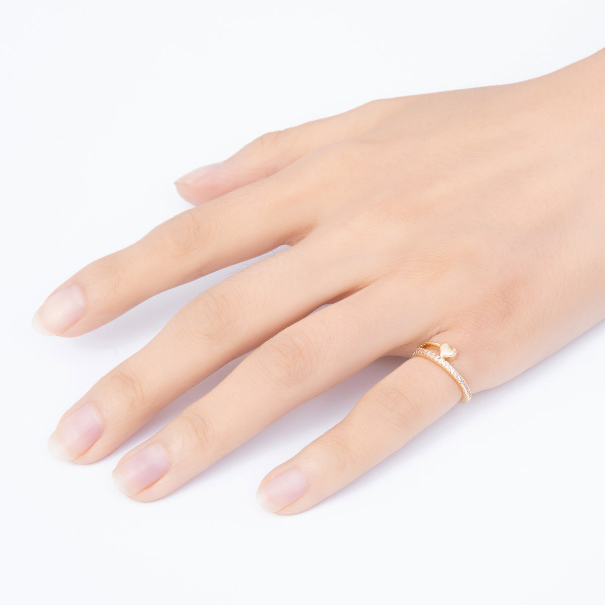 16K Gold Filled Micro Paved CZ Puffy Heart Half Eternity Open Adjustable Pinky Ring | Rings-00386