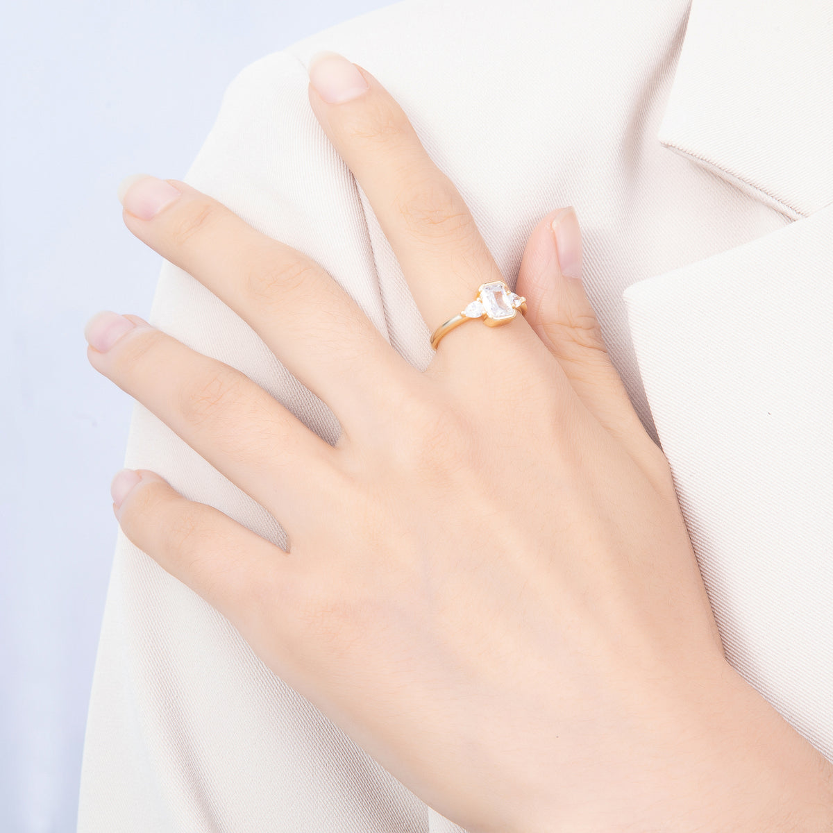 16K Gold Filled Bezel Emerald Cut CZ Three Stone Adjustable Ring | Rings-00376