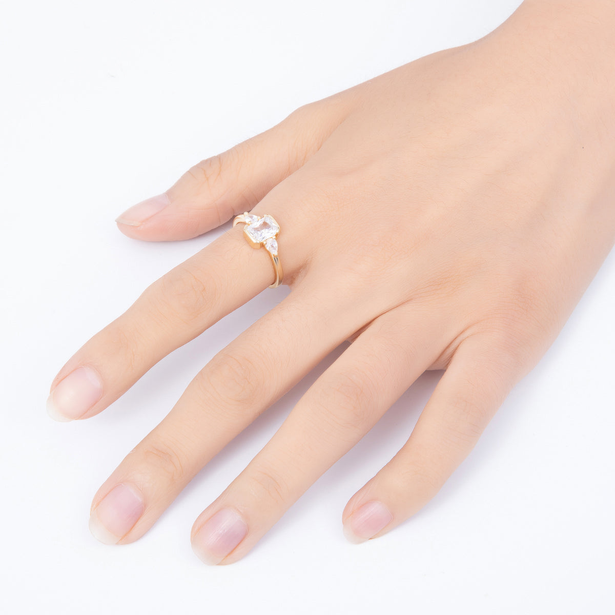 16K Gold Filled Bezel Emerald Cut CZ Three Stone Adjustable Ring | Rings-00376