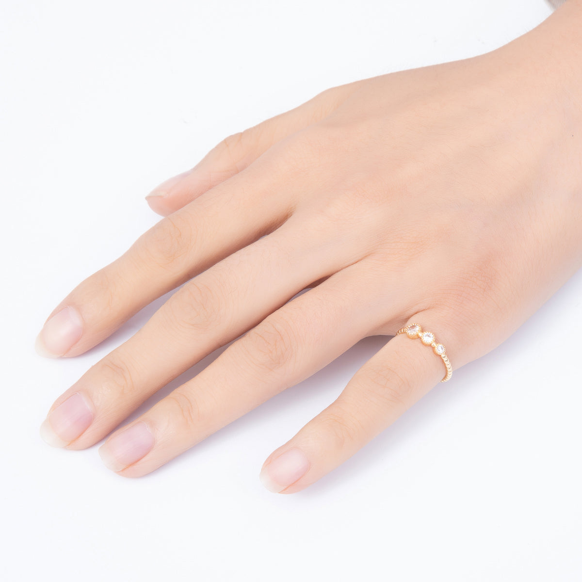 16K Gold Filled Clear Round CZ Trio Beaded Band Open Adjustable Pinky Ring | Rings-00382