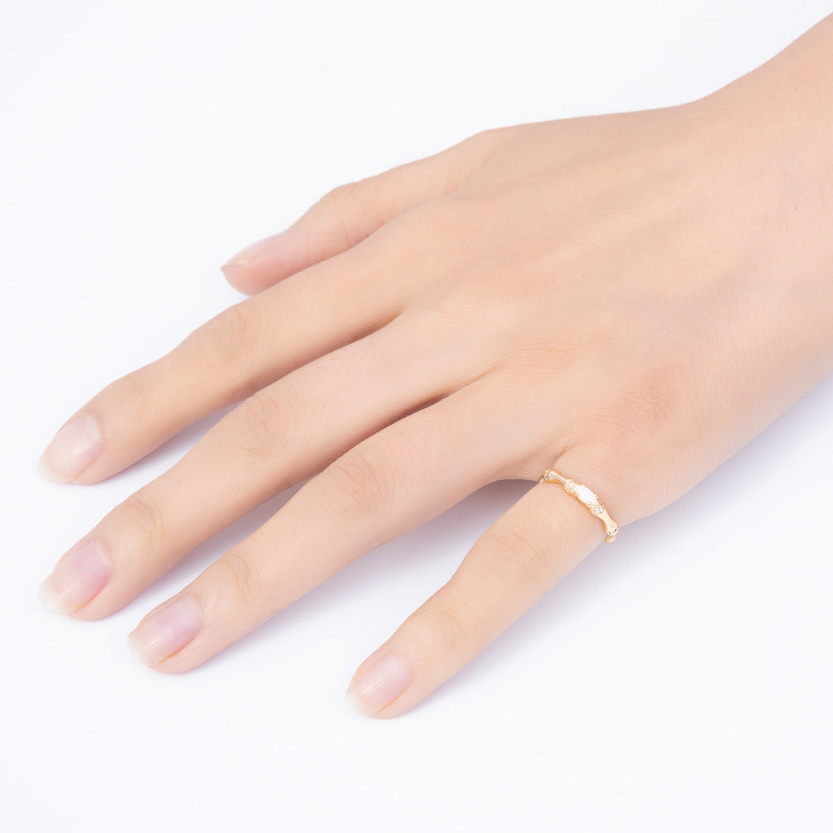 16K Gold Filled Oval White Opal Organic Bamboo Clear CZ Adjustable Ring | Rings-00384