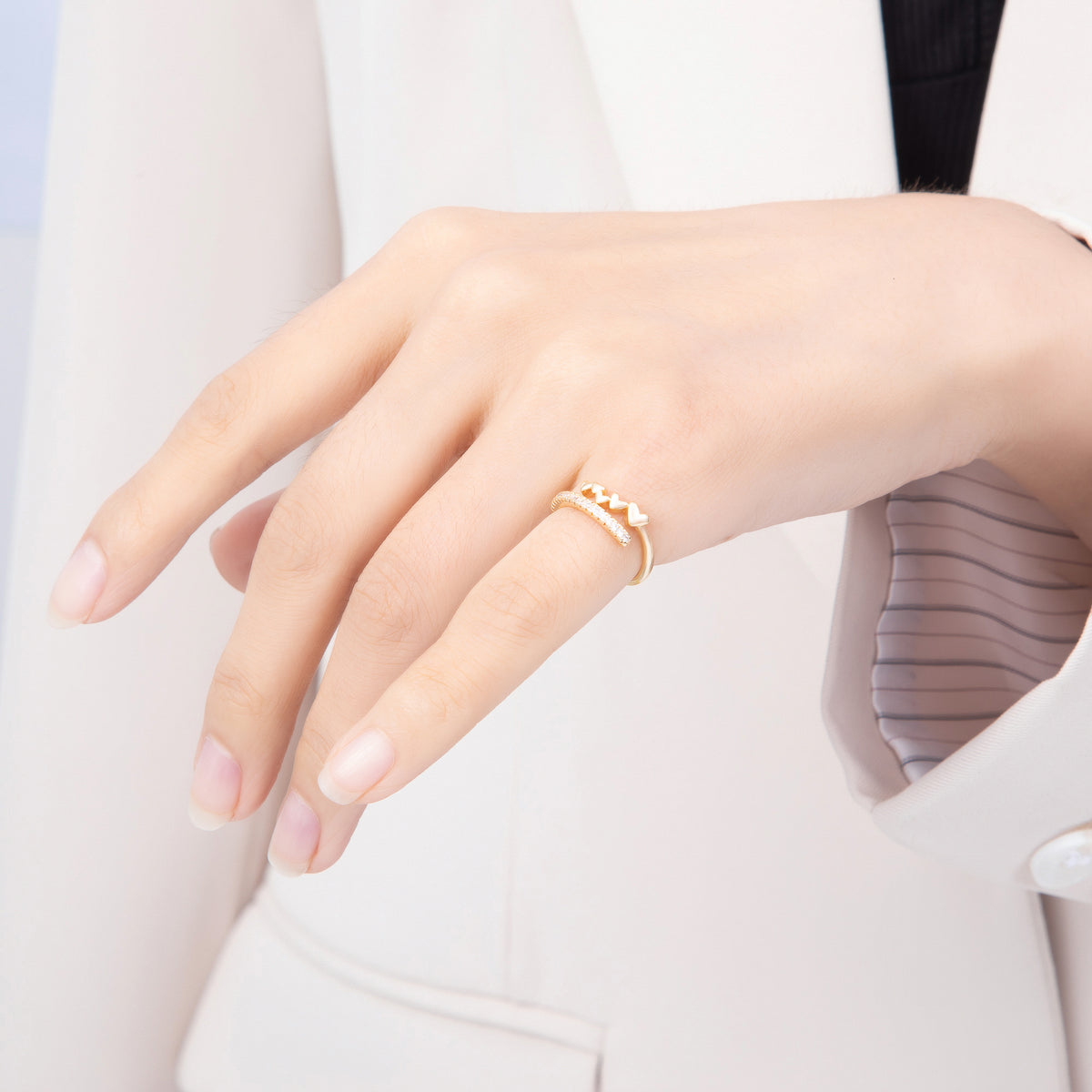 16K Gold Filled Micro Paved CZ Multiple Heart Adjustable Pinky Ring | Rings-00387