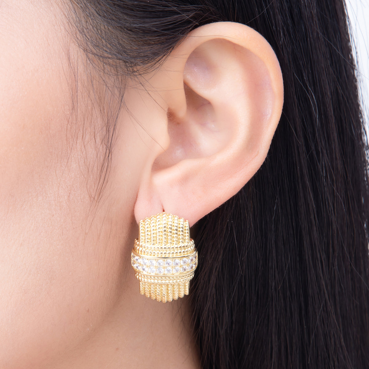 16K Gold Filled 28mm Ribbed Beaded Textured Statement Stud Earrings | Earrings-00825