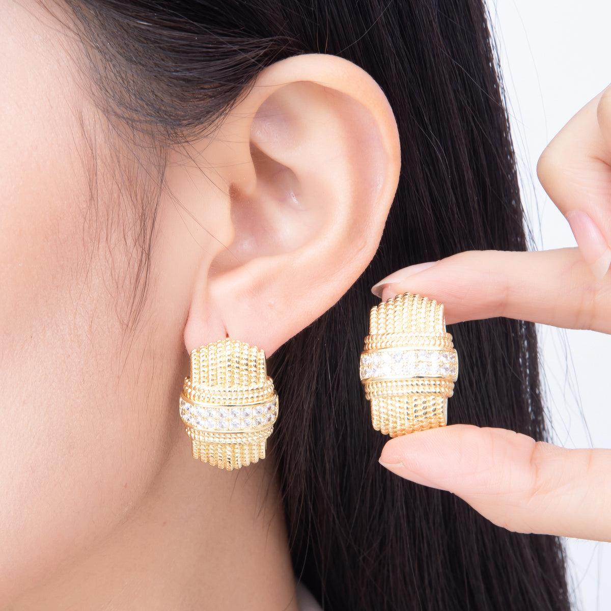 16K Gold Filled 28mm Ribbed Beaded Textured Statement Stud Earrings | Earrings-00825
