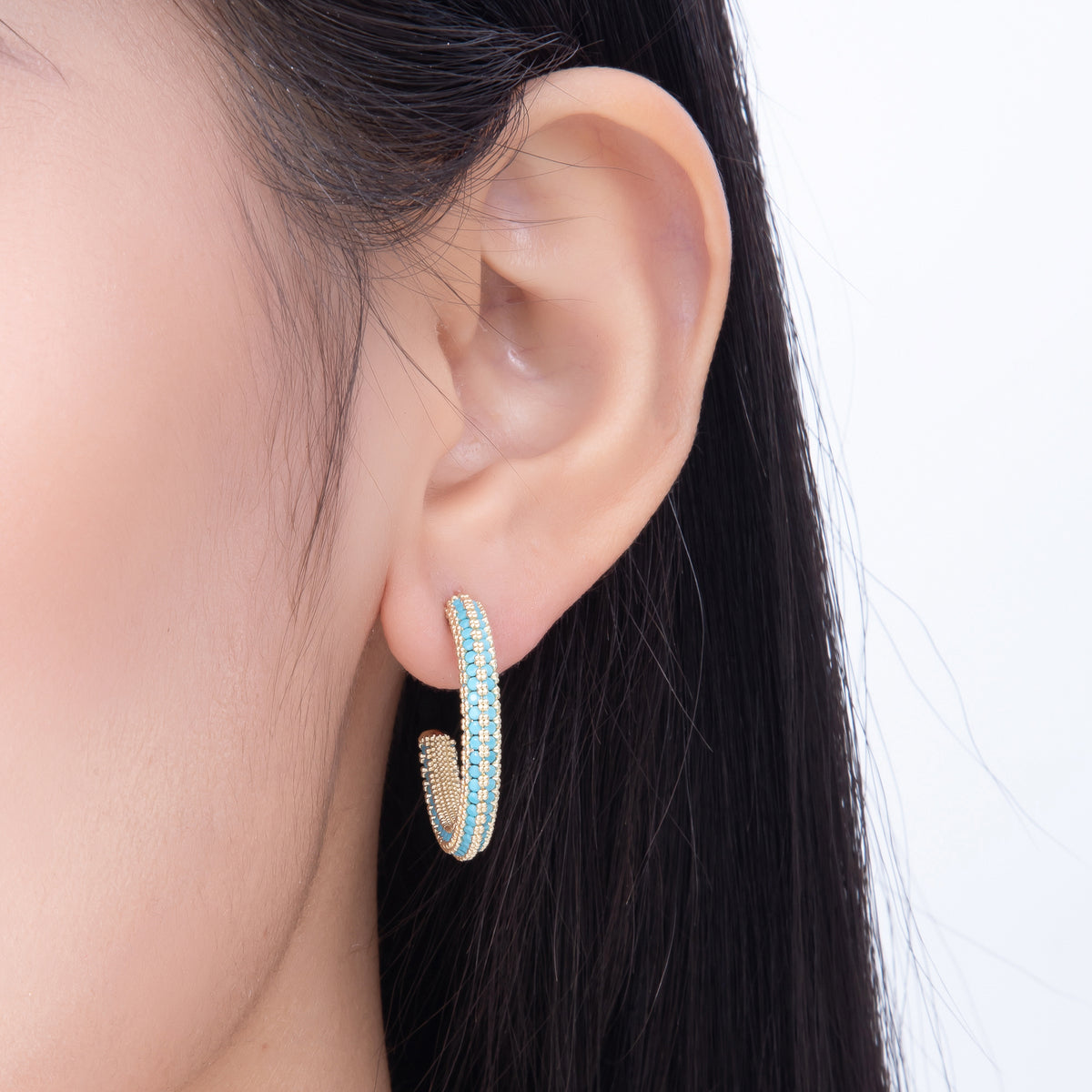 16K Gold Filled 27mm Turquoise Micro Paved CZ Open C-Hoops Earrings | Earrings-00837