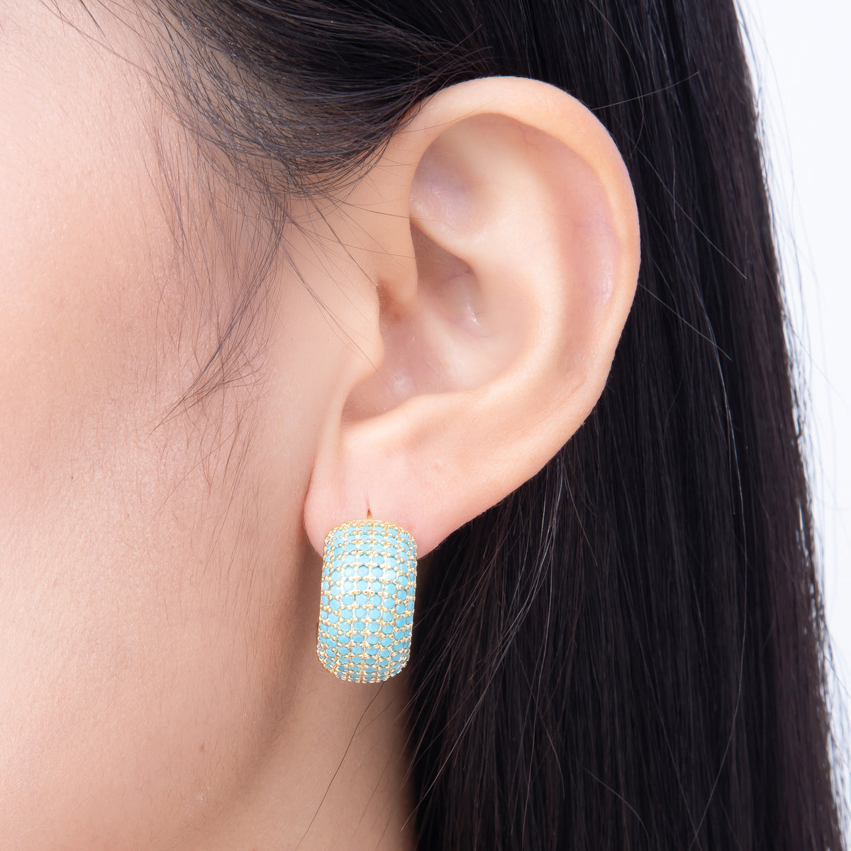 16K Gold Filled 23mm Turquoise Micro Paved CZ C-Hoops Earrings | Earrings-00836