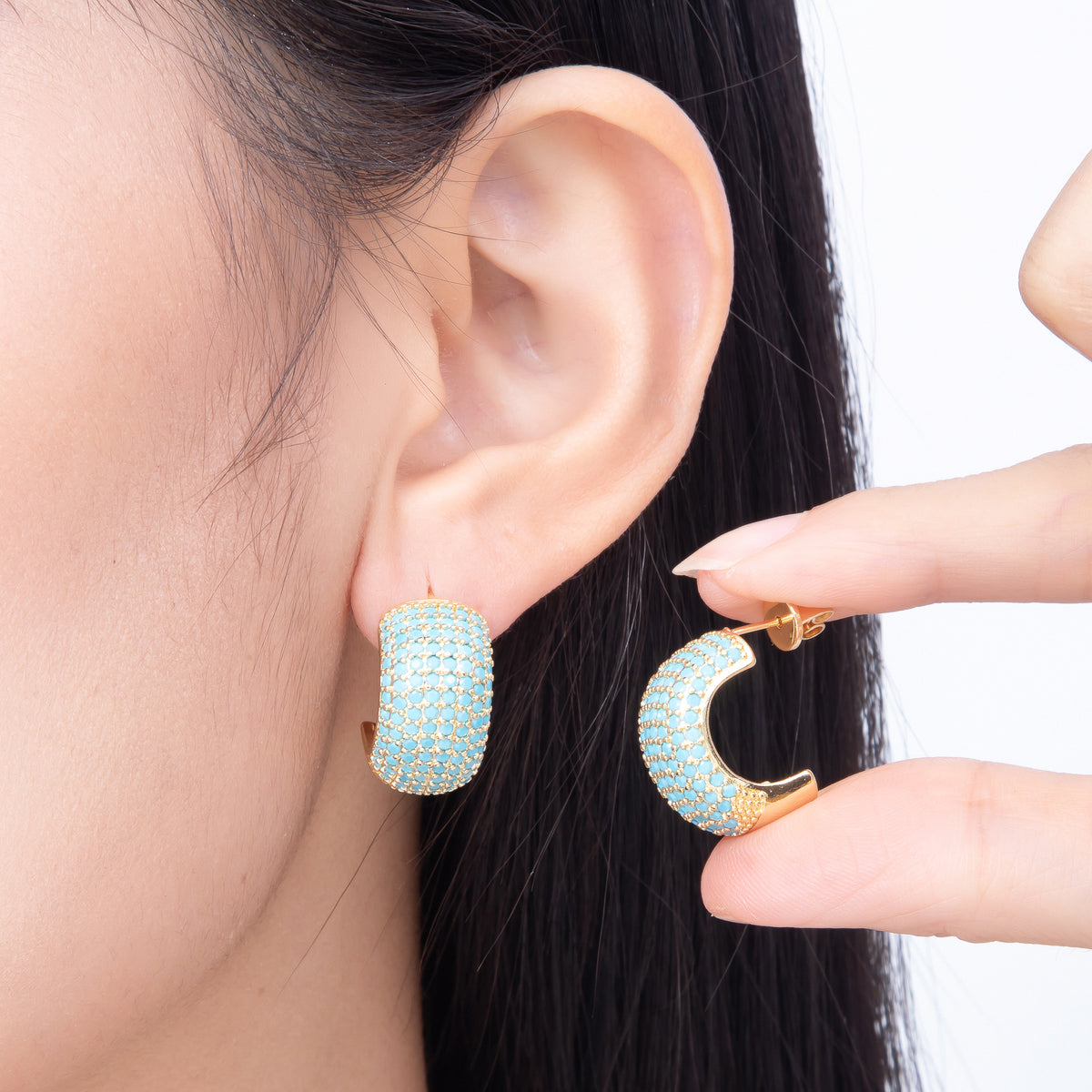 16K Gold Filled 23mm Turquoise Micro Paved CZ C-Hoops Earrings | Earrings-00836