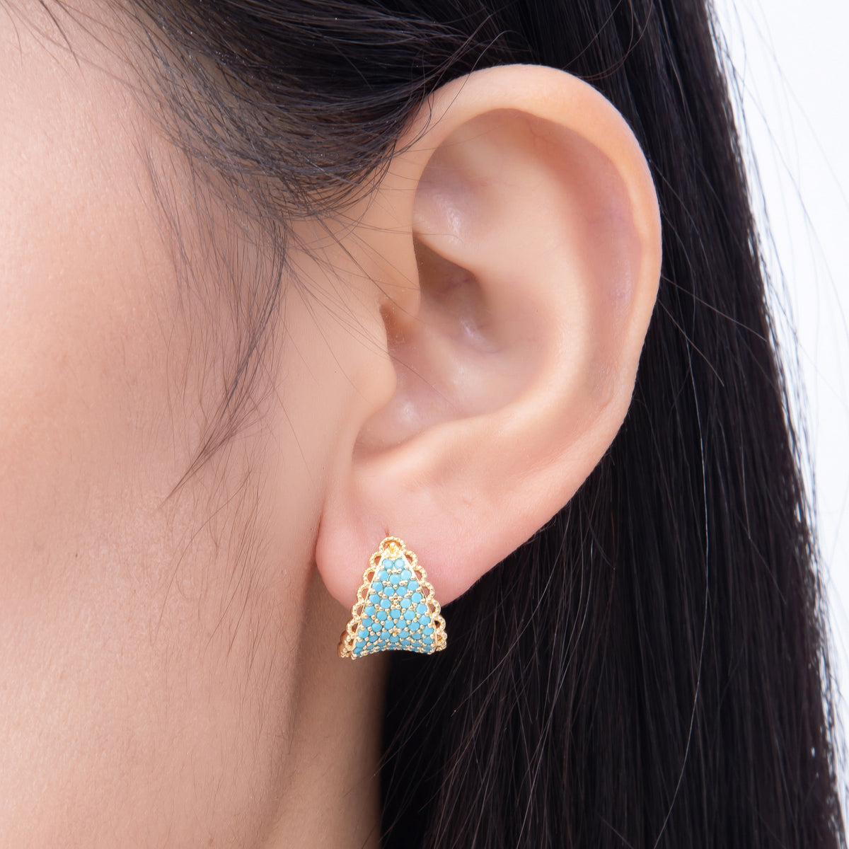 16K Gold Filled 15mm Turquoise Micro Paved CZ Lace Curved Triangle Stud Earrings | Earrings-00835