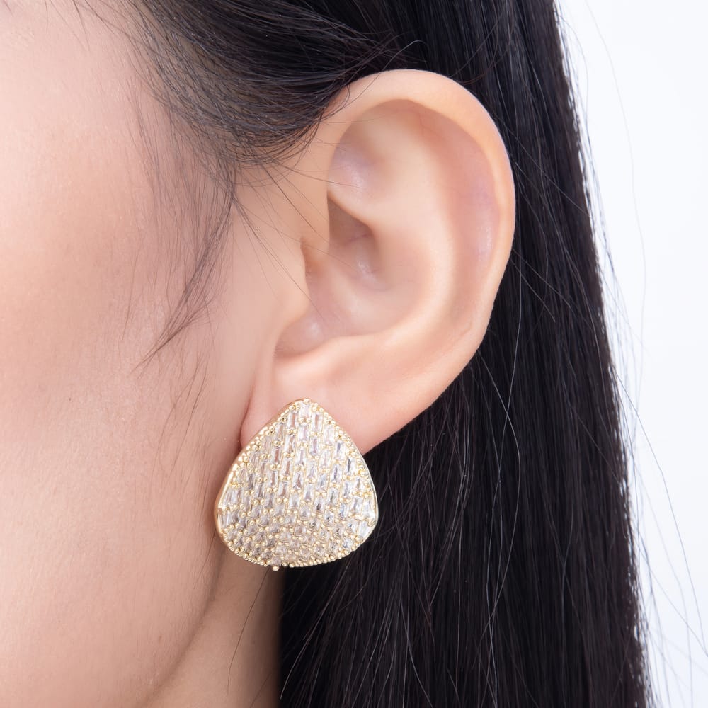 16K Gold Filled 29mm Clear Baguette Micro Paved CZ Organic Curved Triangle Stud Earrings | Earrings-00942