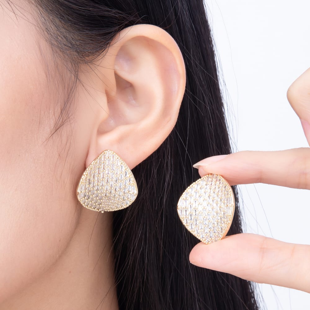 16K Gold Filled 29mm Clear Baguette Micro Paved CZ Organic Curved Triangle Stud Earrings | Earrings-00942