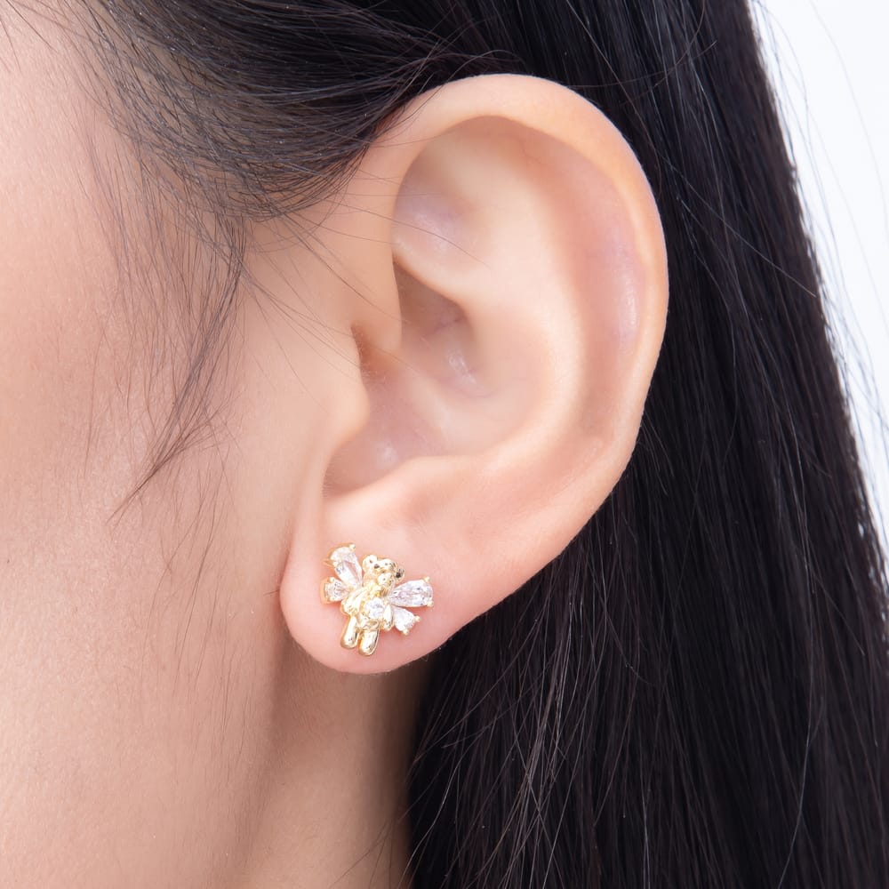16K Gold Filled 12mm 3D Teddy Bear Clear CZ Crystal Wings Stud Earrings| Earrings-00987 - Earrings-00988
