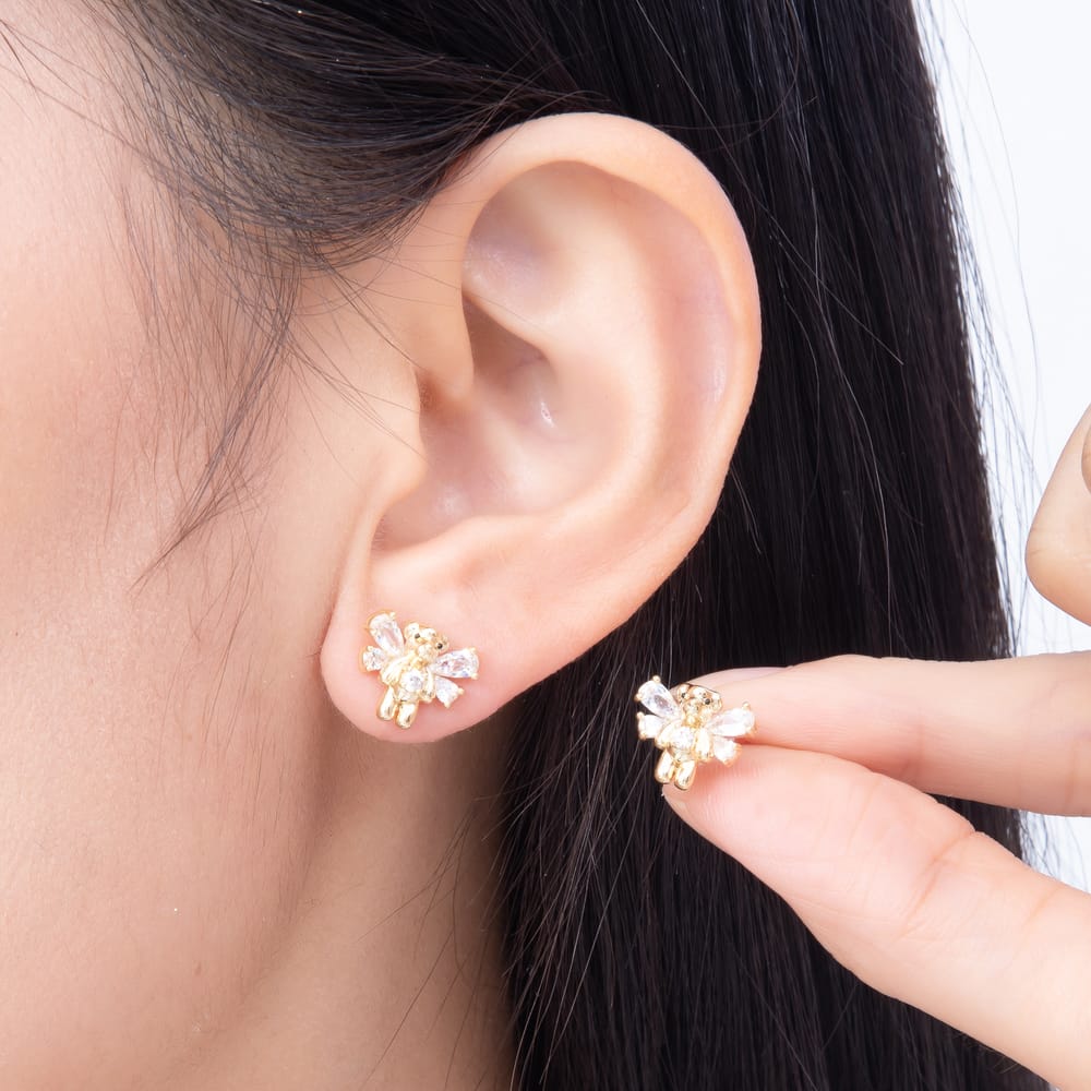 16K Gold Filled 12mm 3D Teddy Bear Clear CZ Crystal Wings Stud Earrings| Earrings-00987 - Earrings-00988