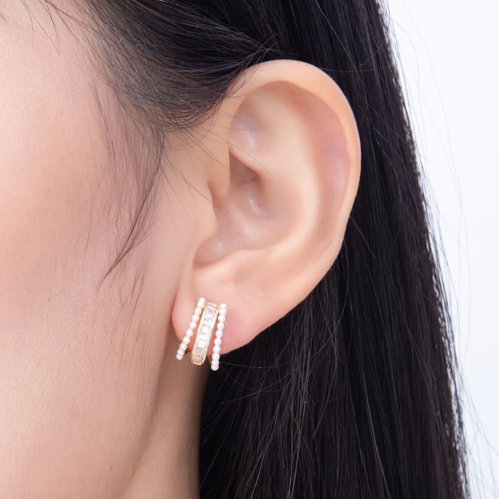 16K Gold Filled 16mm Baguette CZ & Shell Pearl Edged C-Hoop Earrings | Earrings-00985 - Earrings-00986