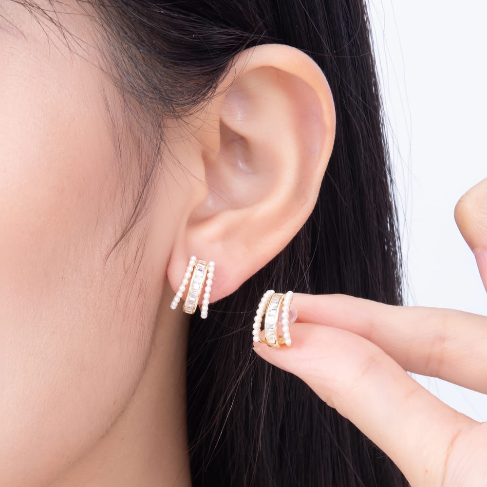 16K Gold Filled 16mm Baguette CZ & Shell Pearl Edged C-Hoop Earrings | Earrings-00985 - Earrings-00986