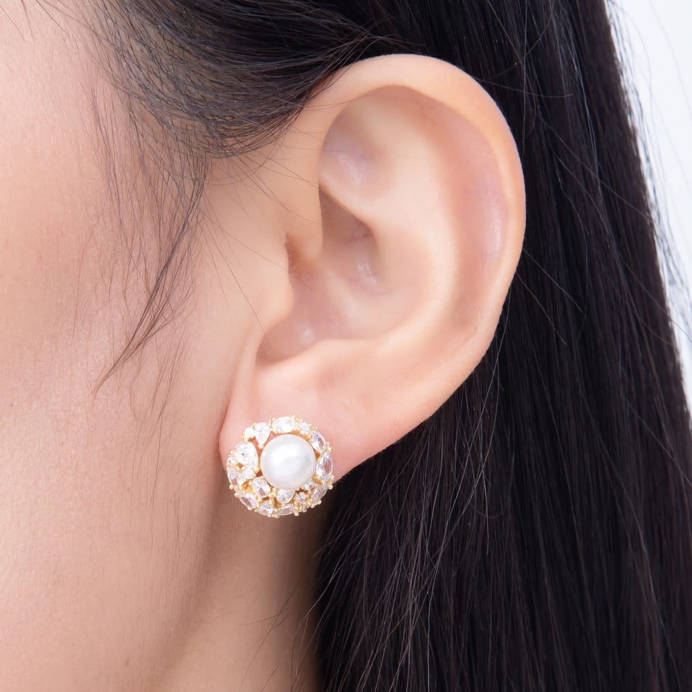 16K Gold Filled 19mm Round Shell Pearl CZ Floral Stud Earrings| Earrings-00979 - Earrings-00980