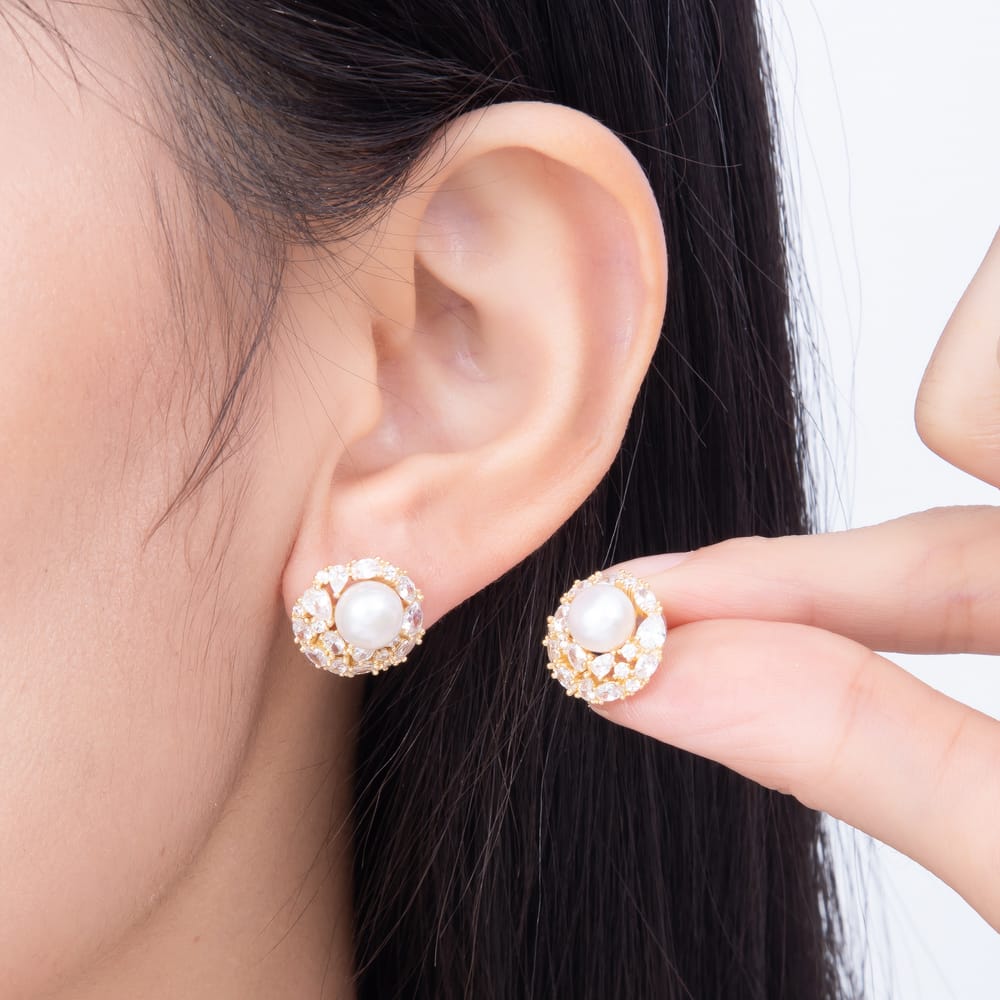 16K Gold Filled 19mm Round Shell Pearl CZ Floral Stud Earrings| Earrings-00979 - Earrings-00980