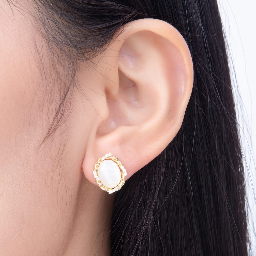 16K Gold Filled 14mm Oval White Cat Eye CZ Twisted Frame Stud Earrings | Earrings-00989 - Earrings-00990