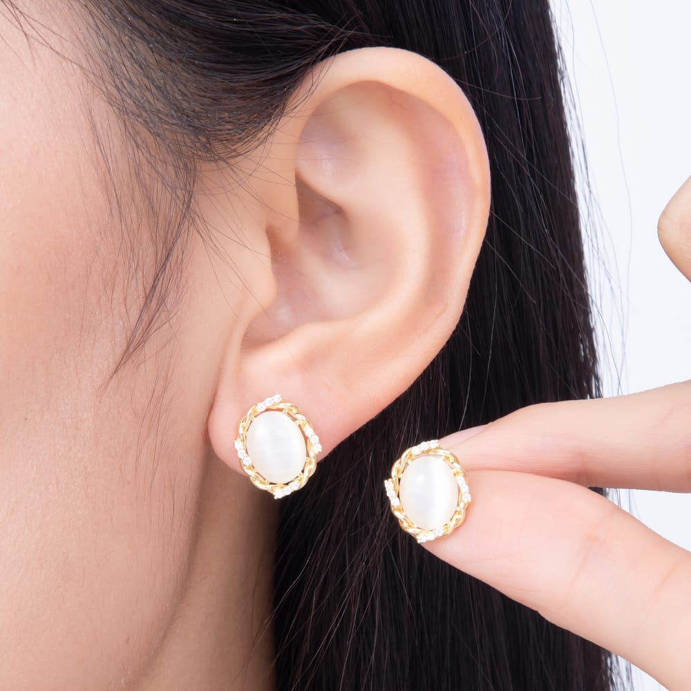 16K Gold Filled 14mm Oval White Cat Eye CZ Twisted Frame Stud Earrings | Earrings-00989 - Earrings-00990