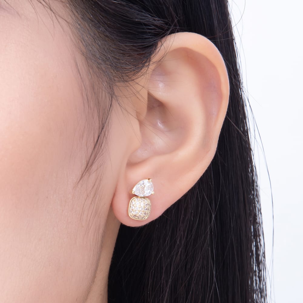 16K Gold Filled 14mm Clear CZ Teardrop Micro Paved Toi et Moi Stud Earrings in Gold & Silver | Earrings-01015 Earrings-01016