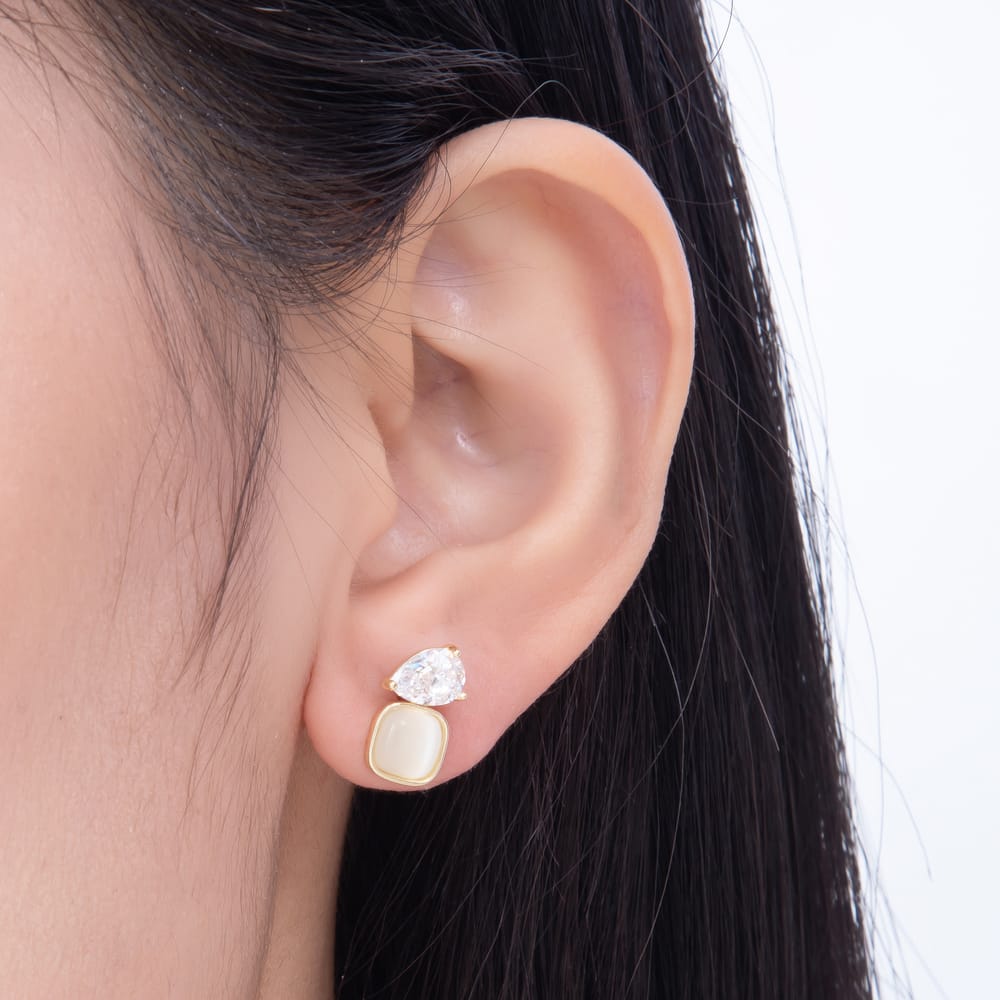 16K Gold Filled 14mm Teardrop Clear CZ & White Opal Square Stud Earrings | Earrings-00983 - Earrings-00984