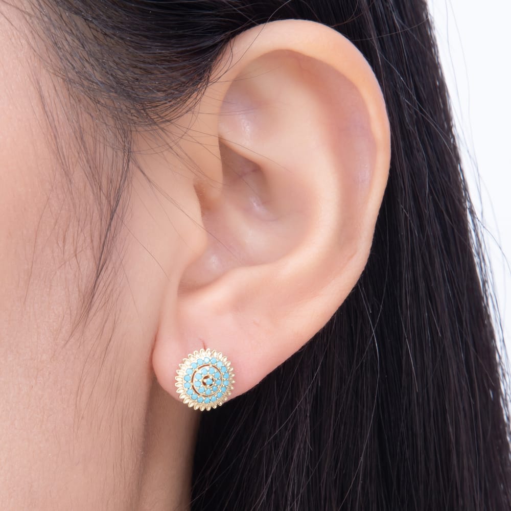 14K Gold Filled 14mm Micro Paved Turquoise Gemstone Circular Circle Round Stud Earrings | Earrings-01122