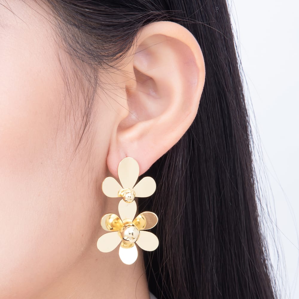 16K Gold Filled 41mm Double Tiered Daisy Flower Drop Statement Stud Earrings | Earrings-00977