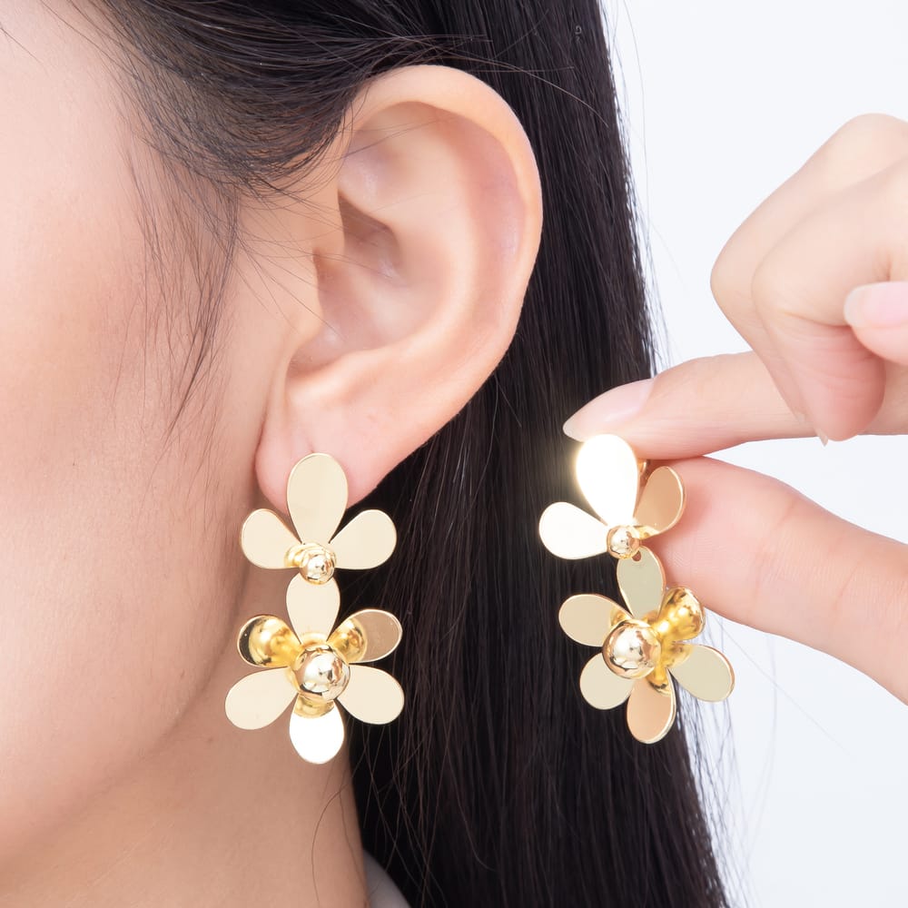 16K Gold Filled 41mm Double Tiered Daisy Flower Drop Statement Stud Earrings | Earrings-00977