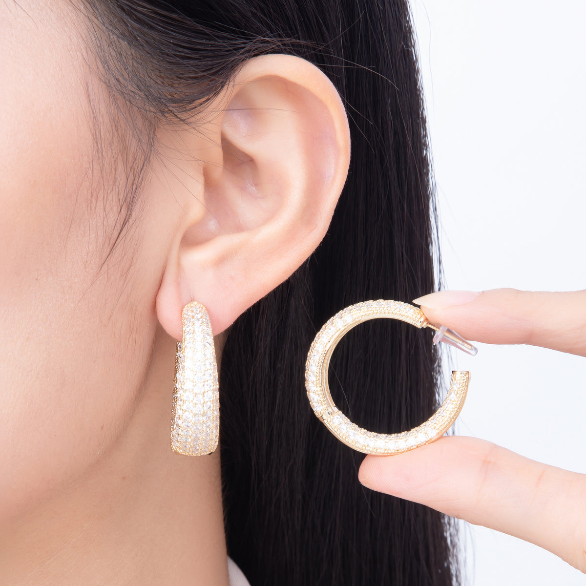 16K Gold Filled 33mm Micro Paved CZ Chunky Open Hoop Earrings in Gold & Silver | Earrings-00849 - Earrings-00850