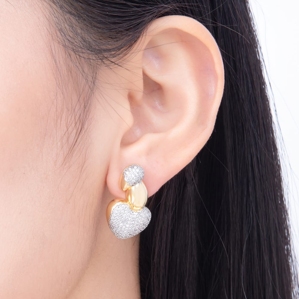 16K Gold Filled 16mm Micro Paved CZ Two Tone Puffed Heart Stud Earrings| Earrings-00929