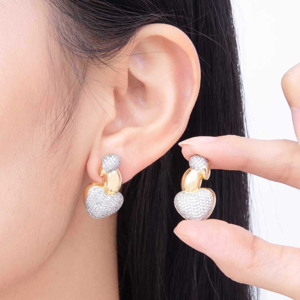 16K Gold Filled 16mm Micro Paved CZ Two Tone Puffed Heart Stud Earrings| Earrings-00929