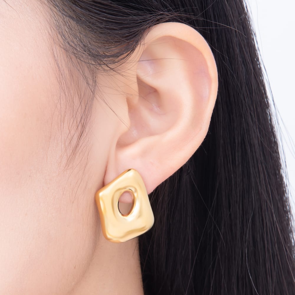 Stainless Steel PVD 26mm Open Molten Rectangle Stud Earrings in Gold & Silver | Earrings-01174 Earrings-01175