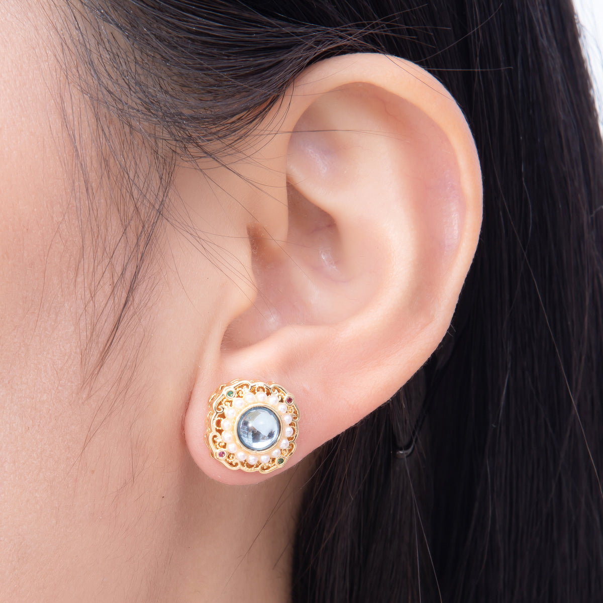 16K Gold Filled 18mm Vintage Filigree Shell Pearl Light Blue Cabochon Stud Earrings | Earrings-00838 - Earrings-00839