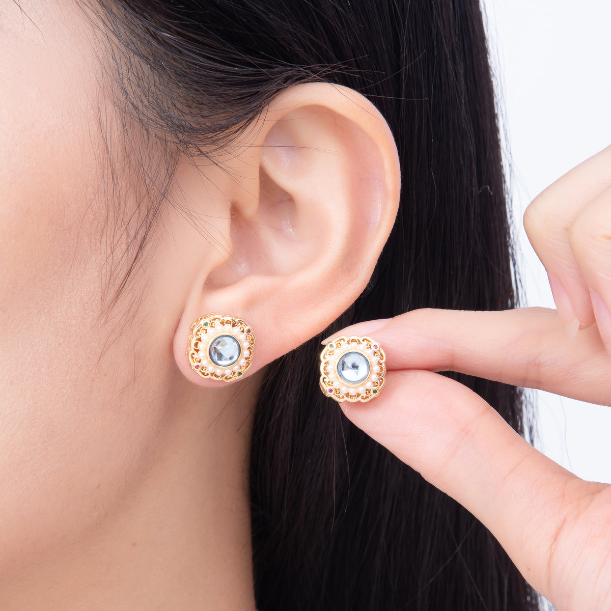 16K Gold Filled 18mm Vintage Filigree Shell Pearl Light Blue Cabochon Stud Earrings | Earrings-00838 - Earrings-00839